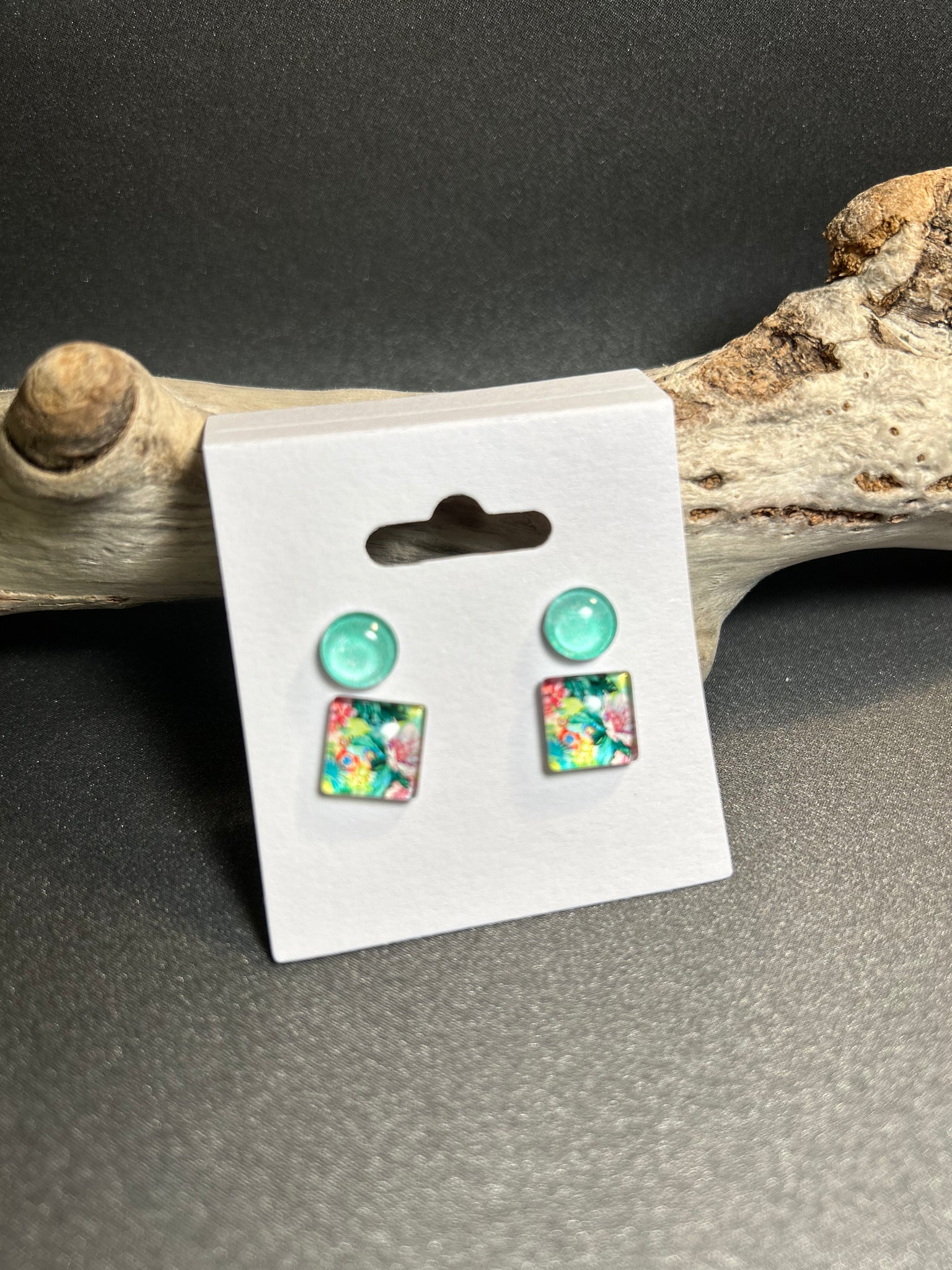 DUO BOUCLES D'OREILLES "CARRÉS TROPICAUX" AQUA (2250)