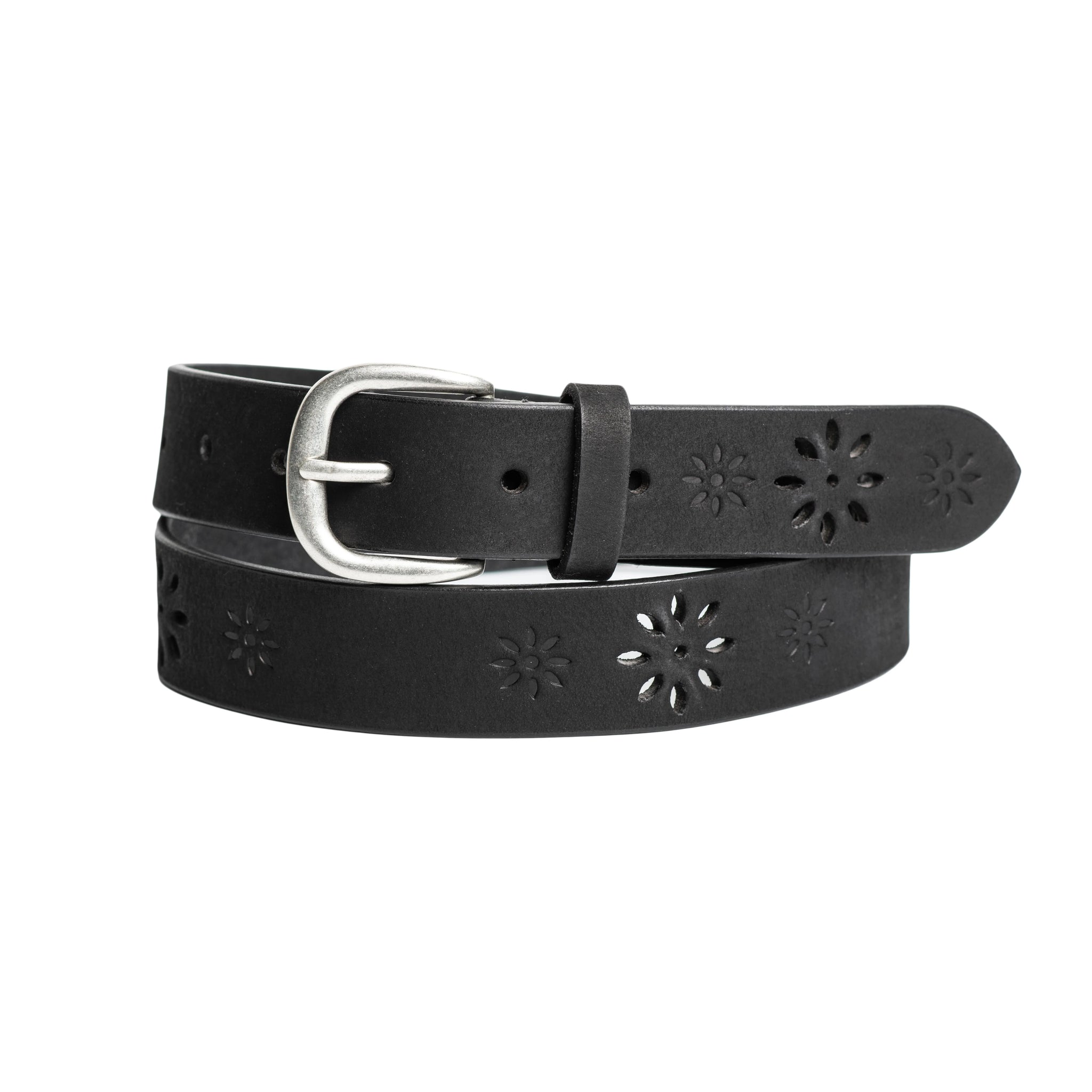 CEINTURE SILVER 30 MM "FLORAL" CUIR VÉRITABLE BLACK (549-04)