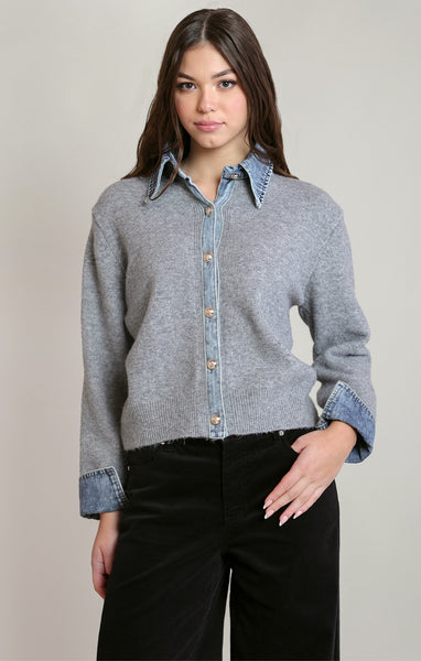 CARDIGAN DEX "DENIM TRIM SWEATER" GREY/DENIM (2827280)