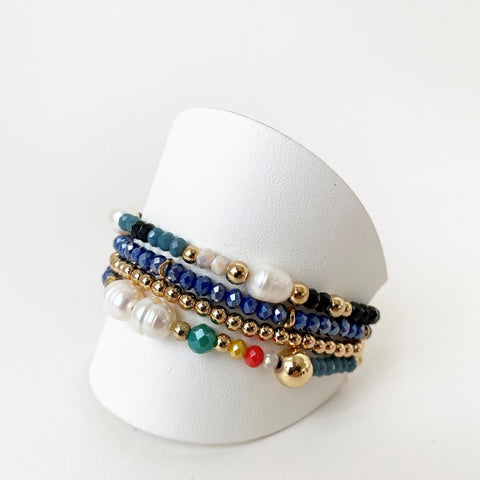 ENSEMBLE DE 4 BRACELETS CARACOL "PETITES BILLES & PERLES" BLEU