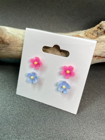 DUO BOUCLES D'OREILLES "PETITES FLEURS BLEUES & ROSE" (2212)