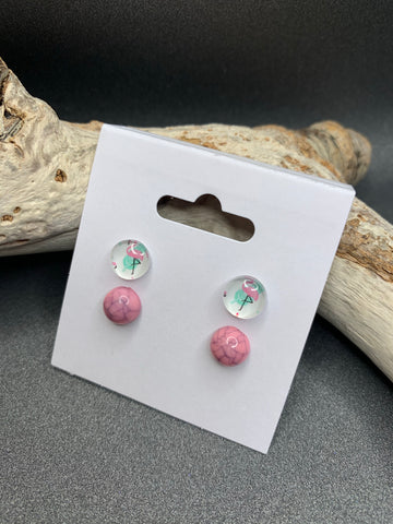 DUO BOUCLES D'OREILLES "FLAMAND" ROSE & BLANC (2237)